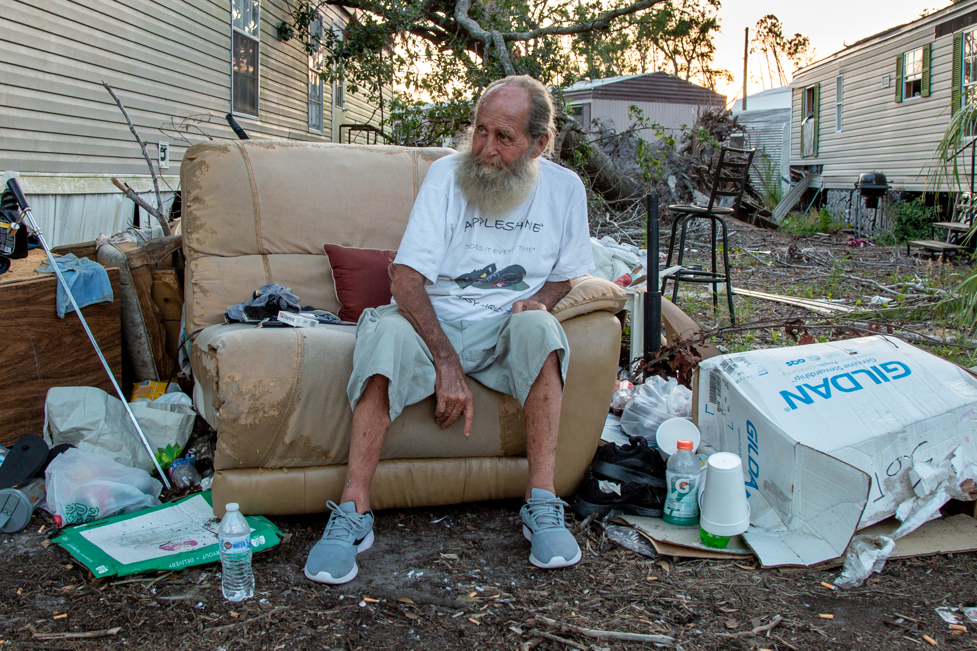 Phillip Ingram - Phillip Ingram, 66, lost his trailer during Hurricane Michael last October, but he still lives in Lynn Haven Mobile Home Park because he can't afford the inflated rent around Panama City, Florida. However, Lynn Haven is slated to close, and remaining residents will have to go. (Jake Goodrick/News21)
