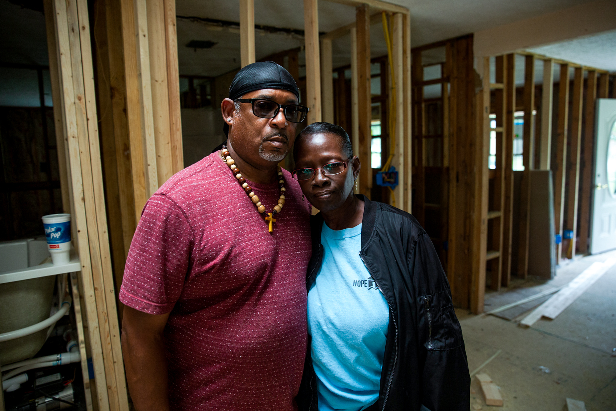 Lloyd and Regina Evans - Lloyd and Regina Evans of Spring Lake, North Carolina, struggled to get federal and state aid to repair their home after Hurricane Florence. They've had to put every penny back into the project. “Right now, I just go to get home,” Regina said. (Harrison Mantas/News21)