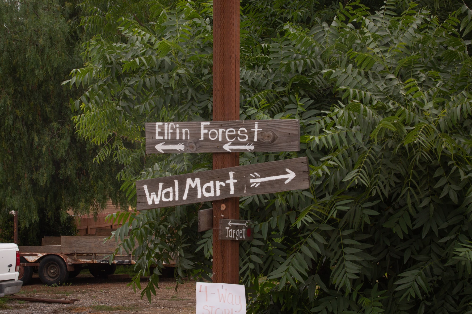 Homemade signs are a tongue-in-cheek nod to years of tension among Elfin Forest, Harmony Grove and other rural communities in San Diego County. (Kailey Broussard/News21)