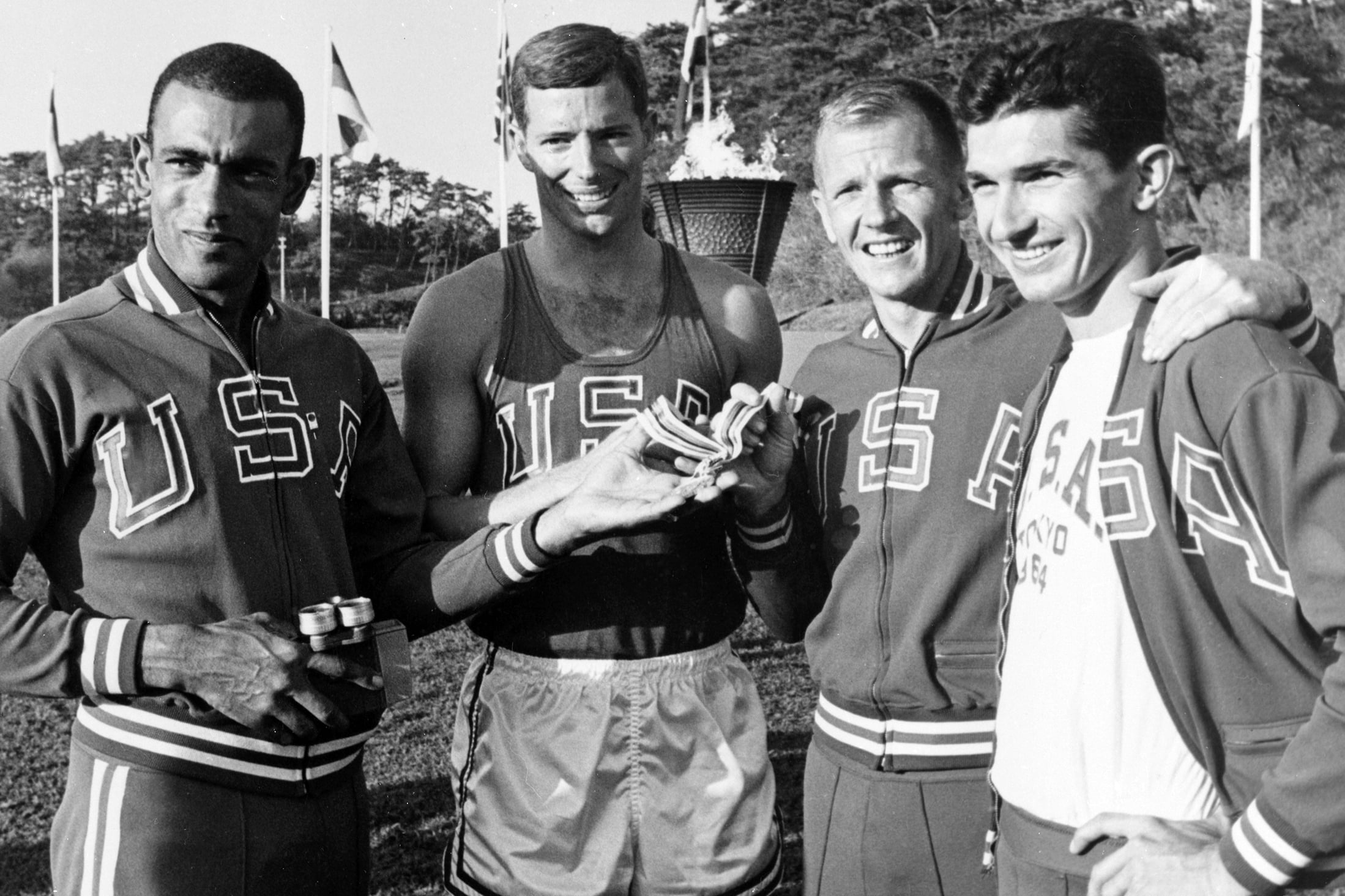 Jim Kerr (second from left) stands with his fellow members of the USA pentathlon team at the 1964 Olympics in Tokyo. The team took silver. (Photo courtesy of the U.S. Olympic and Paralympic Committee)