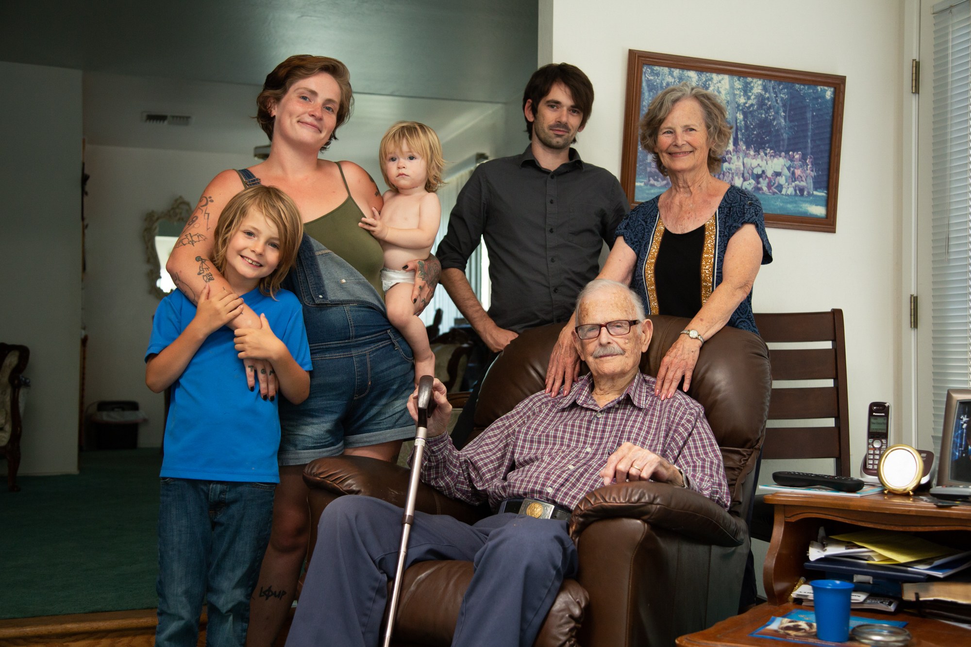 Sara Stewart and family - Sara Stewart and her sons, Griffin and Rivers, had been living in Paradise, California, with Sara’s grandmother, Donna Stewart (far right) until Donna’s home was destroyed in the Camp Fire. The whole family now is staying with Sara’s great-grandfather in Chico. But Sara plans to move into a trailer home to live in with her sons. (Allie Barton/News21)