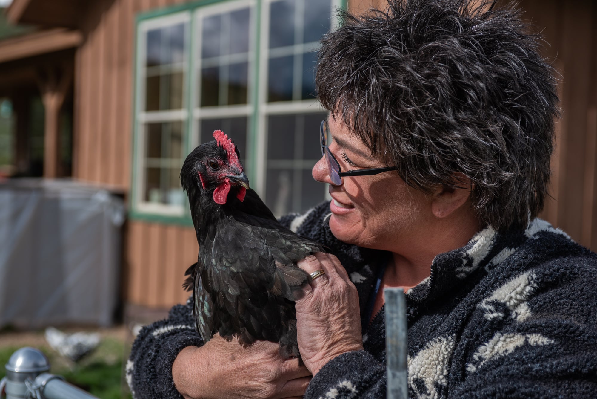 Andrea “Andie” Sramek and her chicken, Alice, survived the Roosevelt Fire unscathed, spared by a shift in the wind and a pond near her home. “All my friends, people I love, their homes are gone,” said Sramek. (Dustin Patar/News21)